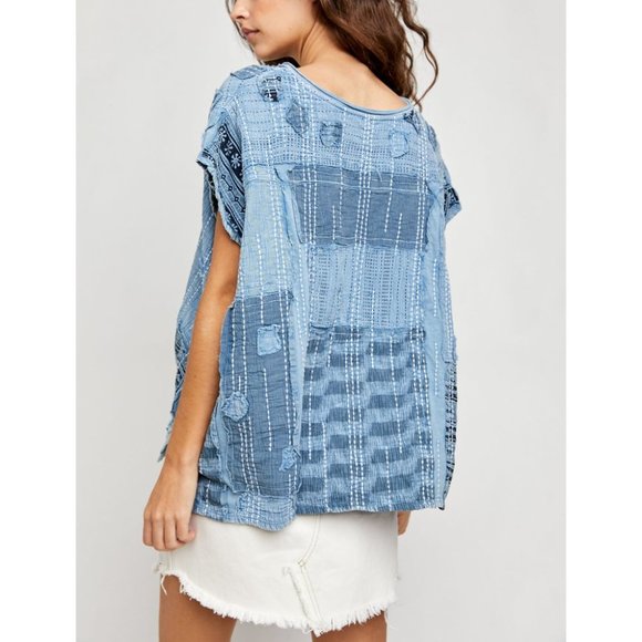 NWT Free People Patch Me Up Tee / Denim Combo - Picture 2 of 6